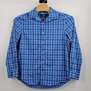 Vineyard Vines Whale Shirt Size Large Men Blue Check Nylon Blend Lightweight L/S